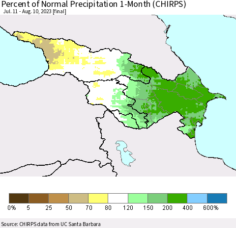 Azerbaijan, Armenia and Georgia Percent of Normal Precipitation 1-Month (CHIRPS) Thematic Map For 7/11/2023 - 8/10/2023