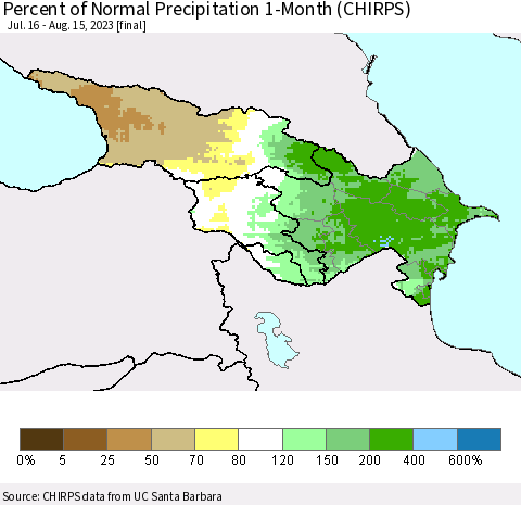 Azerbaijan, Armenia and Georgia Percent of Normal Precipitation 1-Month (CHIRPS) Thematic Map For 7/16/2023 - 8/15/2023