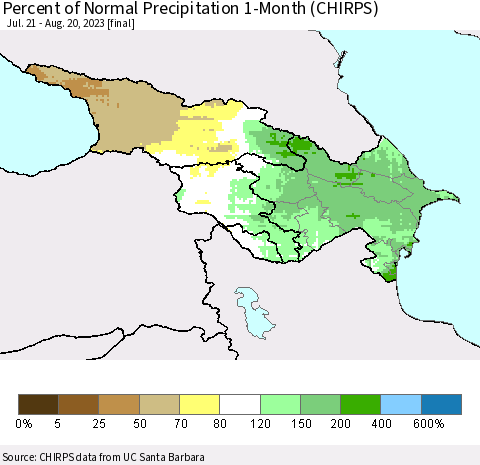 Azerbaijan, Armenia and Georgia Percent of Normal Precipitation 1-Month (CHIRPS) Thematic Map For 7/21/2023 - 8/20/2023