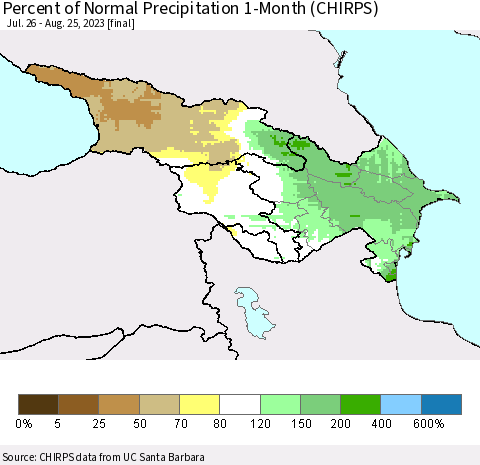 Azerbaijan, Armenia and Georgia Percent of Normal Precipitation 1-Month (CHIRPS) Thematic Map For 7/26/2023 - 8/25/2023
