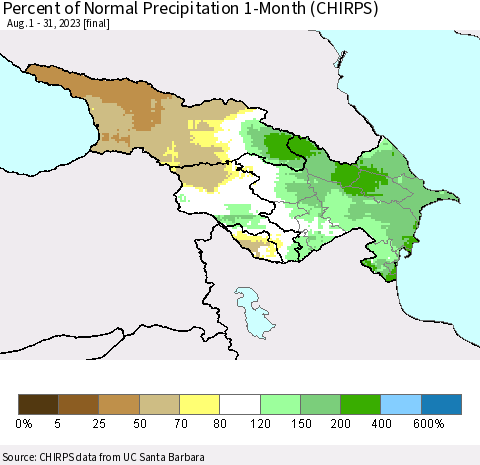 Azerbaijan, Armenia and Georgia Percent of Normal Precipitation 1-Month (CHIRPS) Thematic Map For 8/1/2023 - 8/31/2023