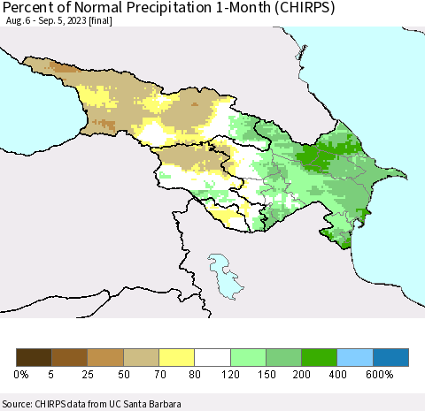 Azerbaijan, Armenia and Georgia Percent of Normal Precipitation 1-Month (CHIRPS) Thematic Map For 8/6/2023 - 9/5/2023