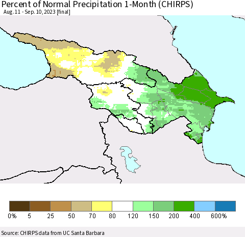 Azerbaijan, Armenia and Georgia Percent of Normal Precipitation 1-Month (CHIRPS) Thematic Map For 8/11/2023 - 9/10/2023