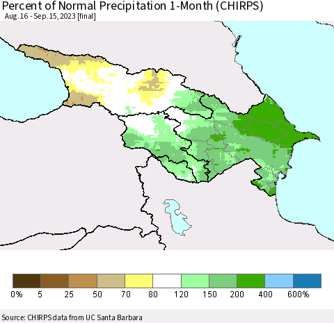 Azerbaijan, Armenia and Georgia Percent of Normal Precipitation 1-Month (CHIRPS) Thematic Map For 8/16/2023 - 9/15/2023