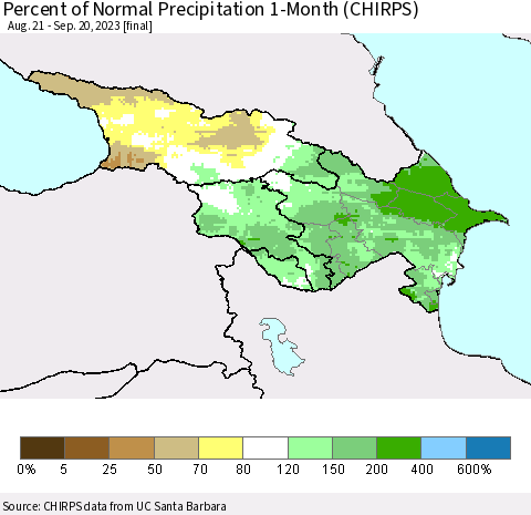 Azerbaijan, Armenia and Georgia Percent of Normal Precipitation 1-Month (CHIRPS) Thematic Map For 8/21/2023 - 9/20/2023