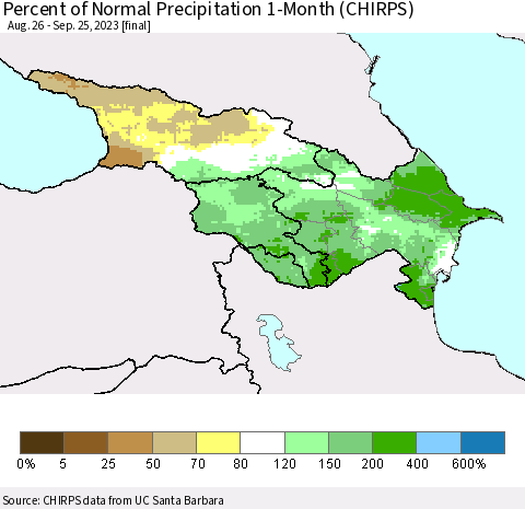 Azerbaijan, Armenia and Georgia Percent of Normal Precipitation 1-Month (CHIRPS) Thematic Map For 8/26/2023 - 9/25/2023