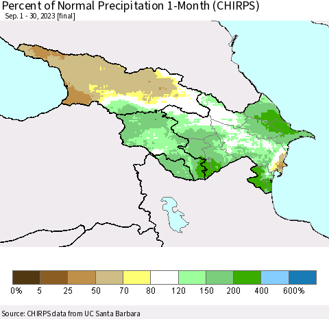Azerbaijan, Armenia and Georgia Percent of Normal Precipitation 1-Month (CHIRPS) Thematic Map For 9/1/2023 - 9/30/2023