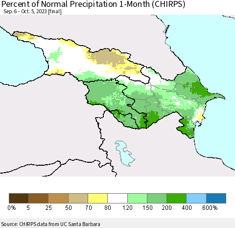 Azerbaijan, Armenia and Georgia Percent of Normal Precipitation 1-Month (CHIRPS) Thematic Map For 9/6/2023 - 10/5/2023