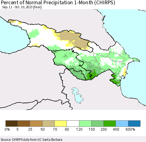 Azerbaijan, Armenia and Georgia Percent of Normal Precipitation 1-Month (CHIRPS) Thematic Map For 9/11/2023 - 10/10/2023