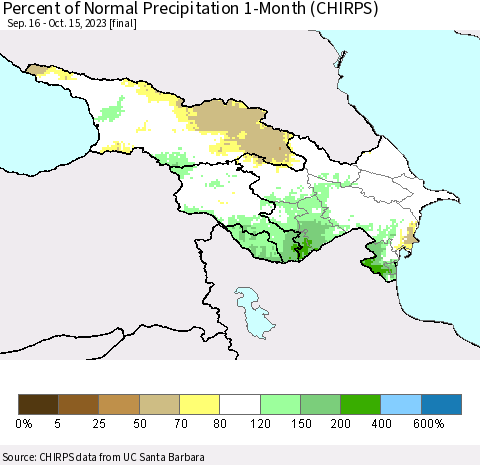 Azerbaijan, Armenia and Georgia Percent of Normal Precipitation 1-Month (CHIRPS) Thematic Map For 9/16/2023 - 10/15/2023