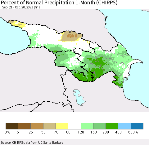 Azerbaijan, Armenia and Georgia Percent of Normal Precipitation 1-Month (CHIRPS) Thematic Map For 9/21/2023 - 10/20/2023