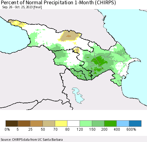 Azerbaijan, Armenia and Georgia Percent of Normal Precipitation 1-Month (CHIRPS) Thematic Map For 9/26/2023 - 10/25/2023