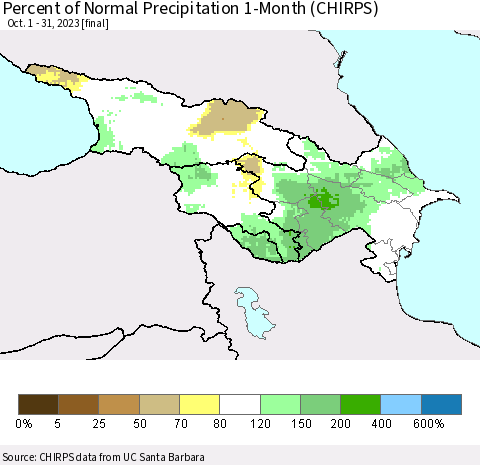 Azerbaijan, Armenia and Georgia Percent of Normal Precipitation 1-Month (CHIRPS) Thematic Map For 10/1/2023 - 10/31/2023
