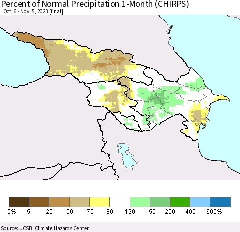 Azerbaijan, Armenia and Georgia Percent of Normal Precipitation 1-Month (CHIRPS) Thematic Map For 10/6/2023 - 11/5/2023