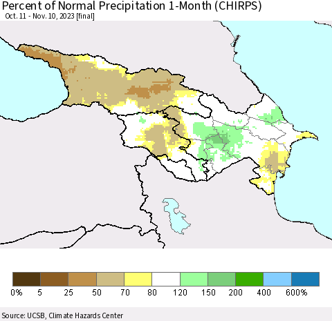 Azerbaijan, Armenia and Georgia Percent of Normal Precipitation 1-Month (CHIRPS) Thematic Map For 10/11/2023 - 11/10/2023