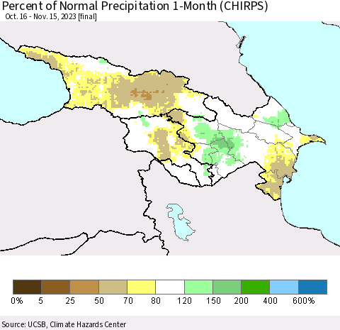 Azerbaijan, Armenia and Georgia Percent of Normal Precipitation 1-Month (CHIRPS) Thematic Map For 10/16/2023 - 11/15/2023