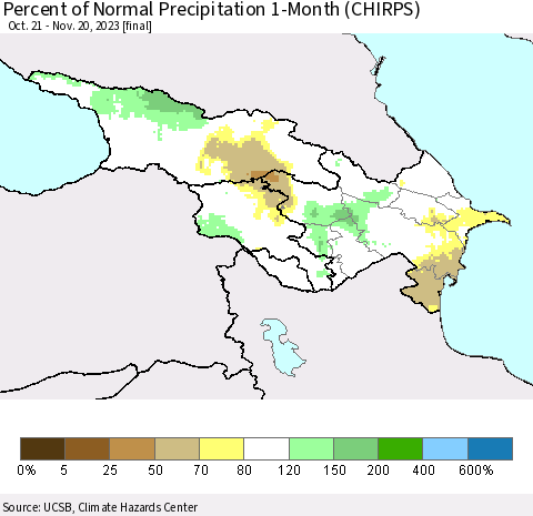 Azerbaijan, Armenia and Georgia Percent of Normal Precipitation 1-Month (CHIRPS) Thematic Map For 10/21/2023 - 11/20/2023
