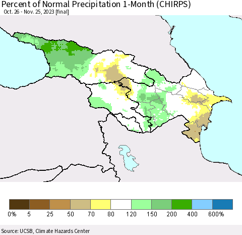 Azerbaijan, Armenia and Georgia Percent of Normal Precipitation 1-Month (CHIRPS) Thematic Map For 10/26/2023 - 11/25/2023