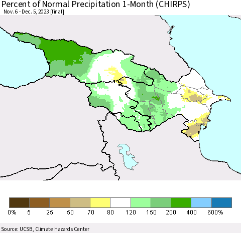 Azerbaijan, Armenia and Georgia Percent of Normal Precipitation 1-Month (CHIRPS) Thematic Map For 11/6/2023 - 12/5/2023