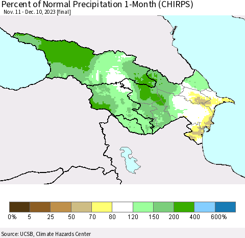 Azerbaijan, Armenia and Georgia Percent of Normal Precipitation 1-Month (CHIRPS) Thematic Map For 11/11/2023 - 12/10/2023