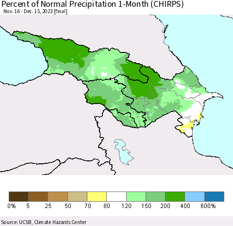 Azerbaijan, Armenia and Georgia Percent of Normal Precipitation 1-Month (CHIRPS) Thematic Map For 11/16/2023 - 12/15/2023