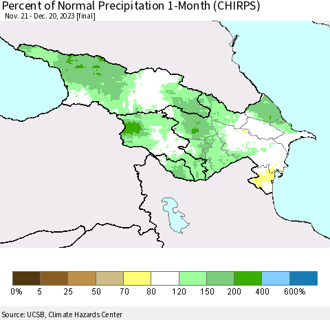 Azerbaijan, Armenia and Georgia Percent of Normal Precipitation 1-Month (CHIRPS) Thematic Map For 11/21/2023 - 12/20/2023