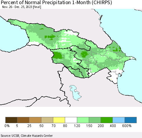 Azerbaijan, Armenia and Georgia Percent of Normal Precipitation 1-Month (CHIRPS) Thematic Map For 11/26/2023 - 12/25/2023