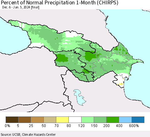 Azerbaijan, Armenia and Georgia Percent of Normal Precipitation 1-Month (CHIRPS) Thematic Map For 12/6/2023 - 1/5/2024