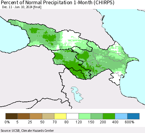 Azerbaijan, Armenia and Georgia Percent of Normal Precipitation 1-Month (CHIRPS) Thematic Map For 12/11/2023 - 1/10/2024