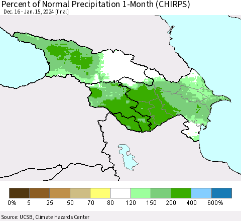 Azerbaijan, Armenia and Georgia Percent of Normal Precipitation 1-Month (CHIRPS) Thematic Map For 12/16/2023 - 1/15/2024