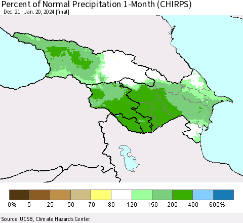 Azerbaijan, Armenia and Georgia Percent of Normal Precipitation 1-Month (CHIRPS) Thematic Map For 12/21/2023 - 1/20/2024