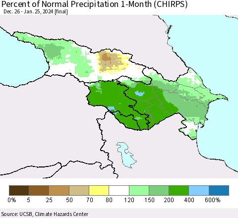 Azerbaijan, Armenia and Georgia Percent of Normal Precipitation 1-Month (CHIRPS) Thematic Map For 12/26/2023 - 1/25/2024