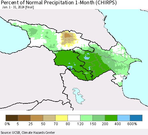 Azerbaijan, Armenia and Georgia Percent of Normal Precipitation 1-Month (CHIRPS) Thematic Map For 1/1/2024 - 1/31/2024