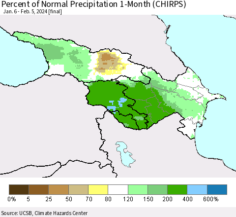 Azerbaijan, Armenia and Georgia Percent of Normal Precipitation 1-Month (CHIRPS) Thematic Map For 1/6/2024 - 2/5/2024