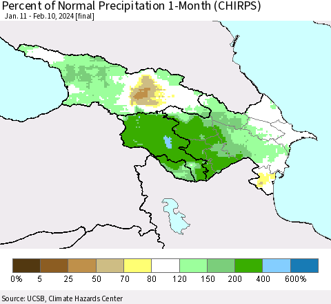 Azerbaijan, Armenia and Georgia Percent of Normal Precipitation 1-Month (CHIRPS) Thematic Map For 1/11/2024 - 2/10/2024