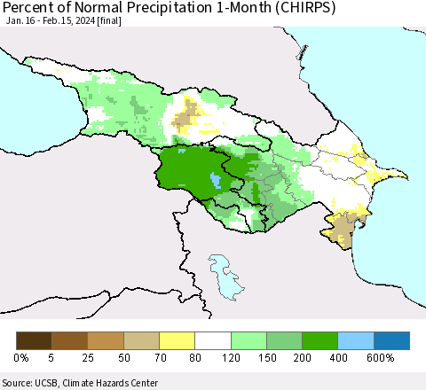 Azerbaijan, Armenia and Georgia Percent of Normal Precipitation 1-Month (CHIRPS) Thematic Map For 1/16/2024 - 2/15/2024