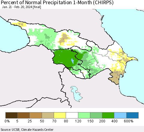 Azerbaijan, Armenia and Georgia Percent of Normal Precipitation 1-Month (CHIRPS) Thematic Map For 1/21/2024 - 2/20/2024