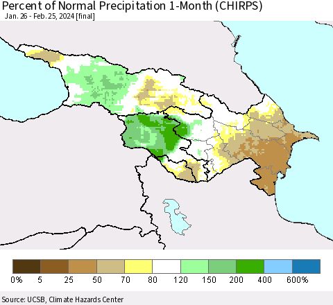 Azerbaijan, Armenia and Georgia Percent of Normal Precipitation 1-Month (CHIRPS) Thematic Map For 1/26/2024 - 2/25/2024