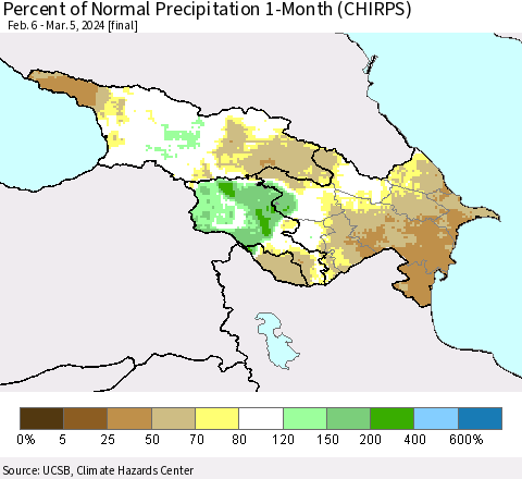 Azerbaijan, Armenia and Georgia Percent of Normal Precipitation 1-Month (CHIRPS) Thematic Map For 2/6/2024 - 3/5/2024