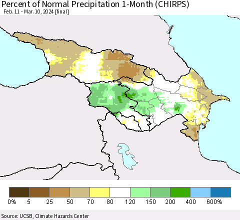 Azerbaijan, Armenia and Georgia Percent of Normal Precipitation 1-Month (CHIRPS) Thematic Map For 2/11/2024 - 3/10/2024