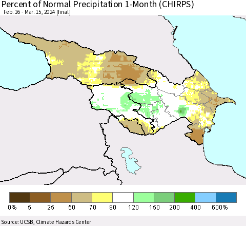 Azerbaijan, Armenia and Georgia Percent of Normal Precipitation 1-Month (CHIRPS) Thematic Map For 2/16/2024 - 3/15/2024