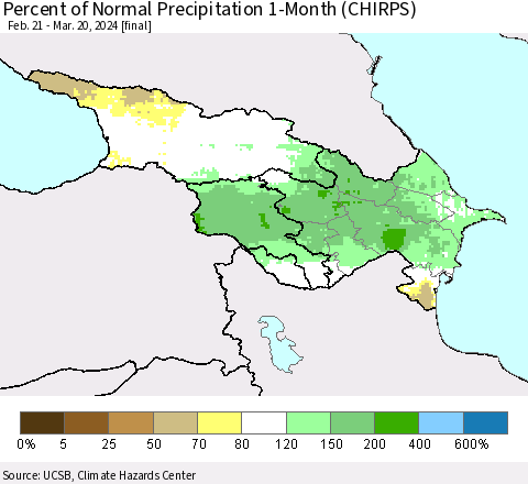 Azerbaijan, Armenia and Georgia Percent of Normal Precipitation 1-Month (CHIRPS) Thematic Map For 2/21/2024 - 3/20/2024