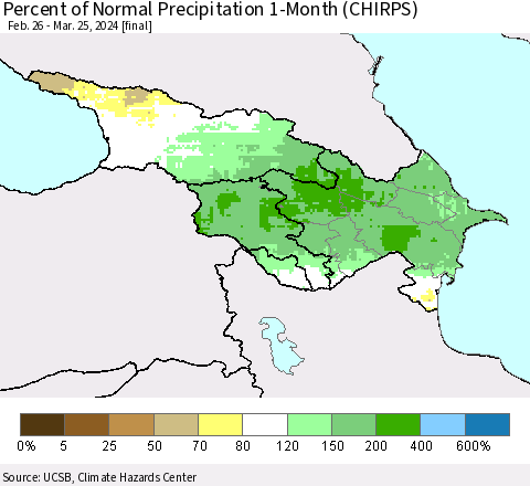 Azerbaijan, Armenia and Georgia Percent of Normal Precipitation 1-Month (CHIRPS) Thematic Map For 2/26/2024 - 3/25/2024