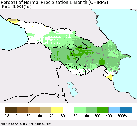 Azerbaijan, Armenia and Georgia Percent of Normal Precipitation 1-Month (CHIRPS) Thematic Map For 3/1/2024 - 3/31/2024