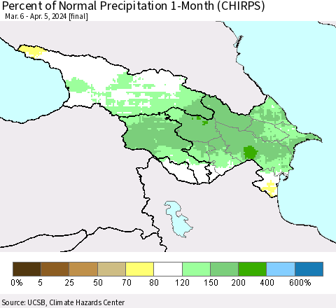 Azerbaijan, Armenia and Georgia Percent of Normal Precipitation 1-Month (CHIRPS) Thematic Map For 3/6/2024 - 4/5/2024