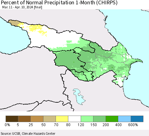 Azerbaijan, Armenia and Georgia Percent of Normal Precipitation 1-Month (CHIRPS) Thematic Map For 3/11/2024 - 4/10/2024