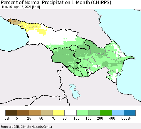 Azerbaijan, Armenia and Georgia Percent of Normal Precipitation 1-Month (CHIRPS) Thematic Map For 3/16/2024 - 4/15/2024