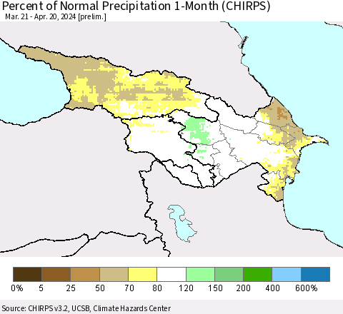 Azerbaijan, Armenia and Georgia Percent of Normal Precipitation 1-Month (CHIRPS) Thematic Map For 3/21/2024 - 4/20/2024