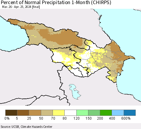 Azerbaijan, Armenia and Georgia Percent of Normal Precipitation 1-Month (CHIRPS) Thematic Map For 3/26/2024 - 4/25/2024