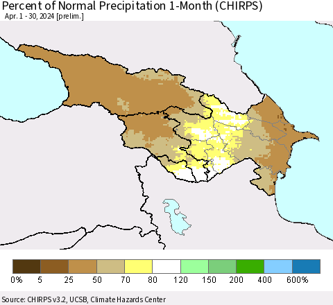 Azerbaijan, Armenia and Georgia Percent of Normal Precipitation 1-Month (CHIRPS) Thematic Map For 4/1/2024 - 4/30/2024